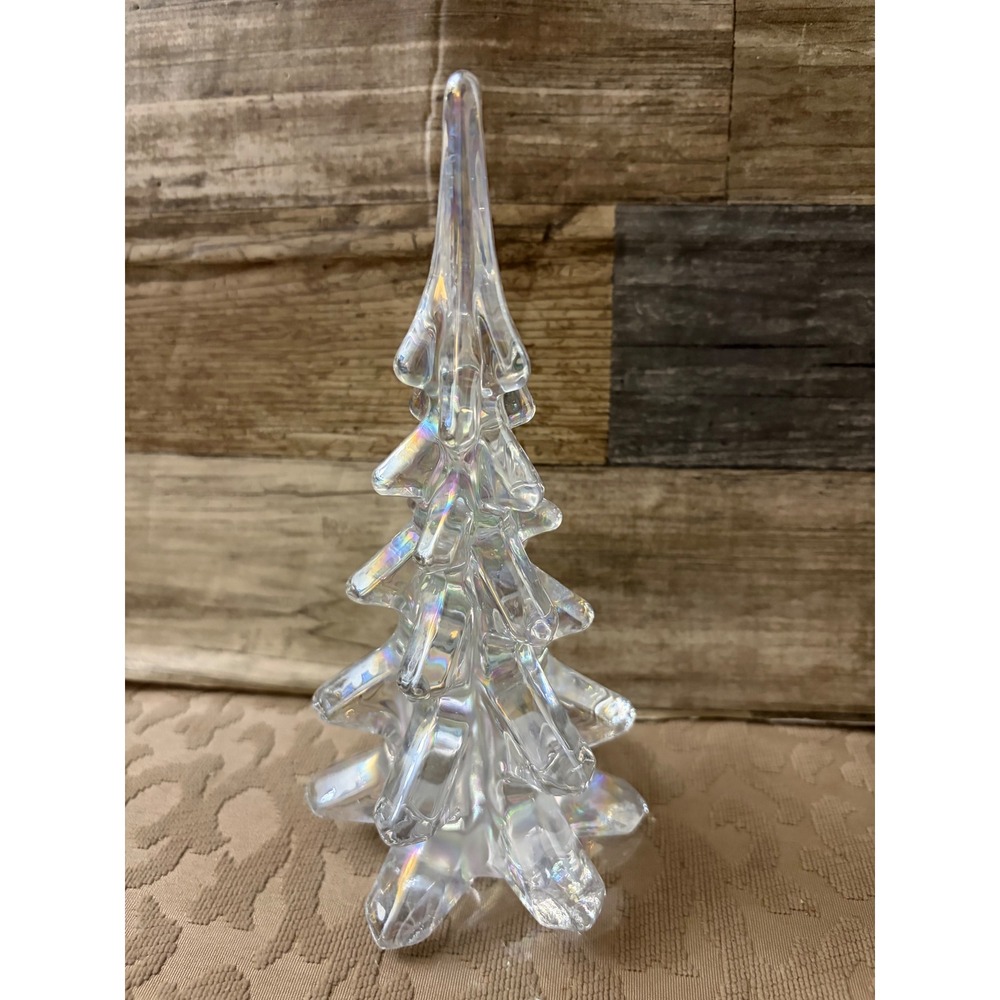 Vintage Iridescent Clear Glass Christmas Tree Figurine 7.5 Inch Holiday Decor